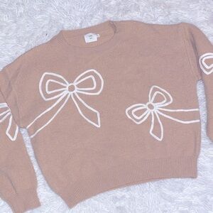 Luna Ivy semi crop Tan Sweater with White Bow Accents